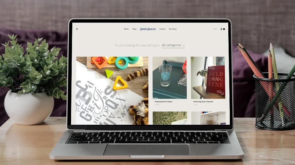 Custom e-commerce website for Good Graces displayed on a laptop, built by LXE Digital in collaboration with designer Melanie Walby
