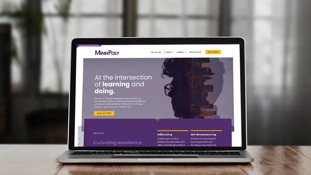 Custom-built MinnPoly website on a laptop, developed by LXE Digital in partnership with Level MPLS for Minnesota’s first polytechnic school